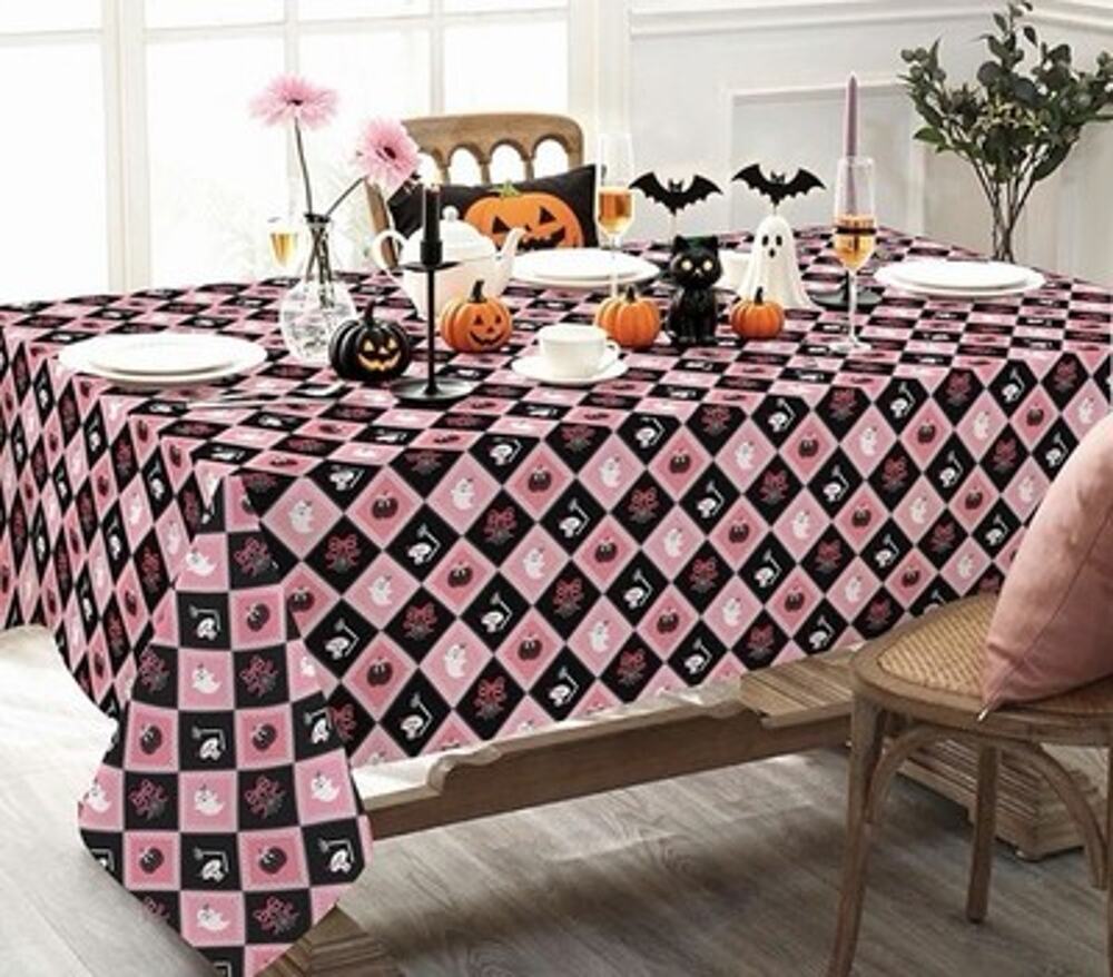 Halloween Tablecloth 60×84 Inch Rectangular, Black/Pink Checkered Cute Pumpkin G